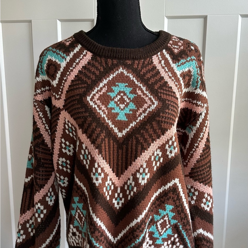 Rock & Roll Cowgirl Brown and Pink Geometric Sweater